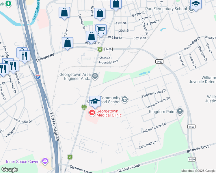 map of restaurants, bars, coffee shops, grocery stores, and more near Madison Oaks Avenue in Georgetown