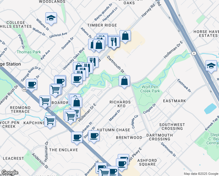 map of restaurants, bars, coffee shops, grocery stores, and more near 305 Holleman Drive East in College Station