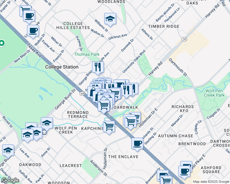 map of restaurants, bars, coffee shops, grocery stores, and more near 1700 George Bush Drive East in College Station
