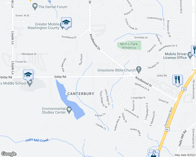map of restaurants, bars, coffee shops, grocery stores, and more near 3500 Vista Ridge Drive in Mobile
