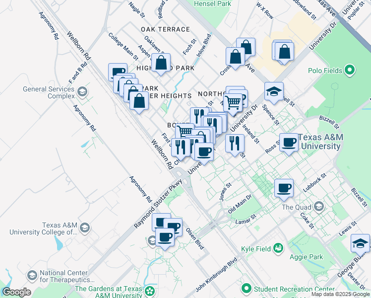 map of restaurants, bars, coffee shops, grocery stores, and more near 303 Boyett Street in College Station