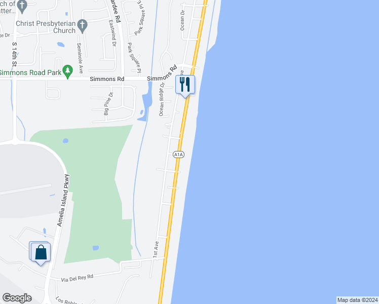 map of restaurants, bars, coffee shops, grocery stores, and more near 3460 South Fletcher Avenue in Fernandina Beach
