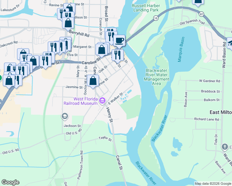 map of restaurants, bars, coffee shops, grocery stores, and more near 6872 East Walker Street in Milton