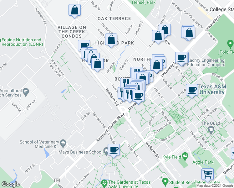 map of restaurants, bars, coffee shops, grocery stores, and more near 315 1st Street in College Station
