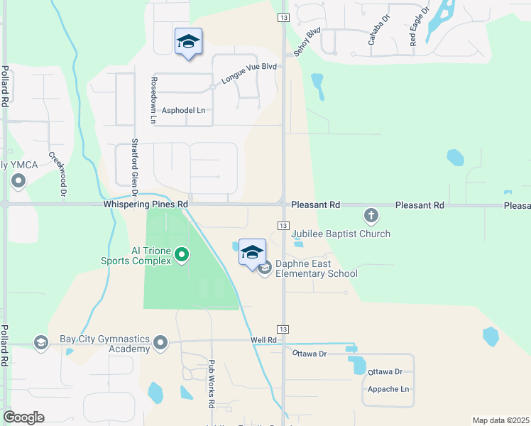 map of restaurants, bars, coffee shops, grocery stores, and more near 1 Jody Davis Circle in Daphne