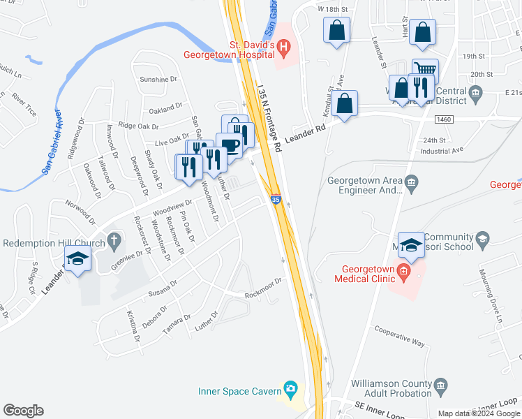 map of restaurants, bars, coffee shops, grocery stores, and more near 103 Thousand Oaks Boulevard in Georgetown