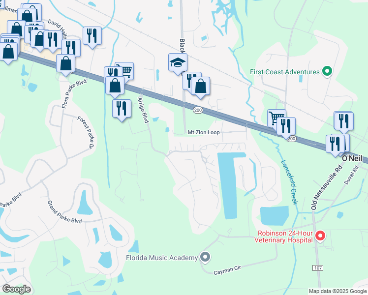 map of restaurants, bars, coffee shops, grocery stores, and more near 31255 Paradise Commons in Fernandina Beach