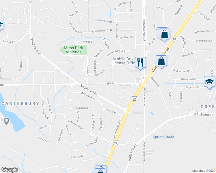 map of restaurants, bars, coffee shops, grocery stores, and more near 5101 Girby Road in Mobile