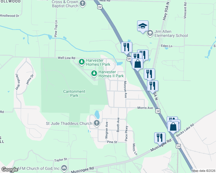 map of restaurants, bars, coffee shops, grocery stores, and more near 605 Coulter Avenue in Escambia County