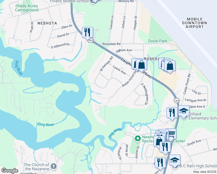 map of restaurants, bars, coffee shops, grocery stores, and more near 2559 East Daniels Road in Mobile