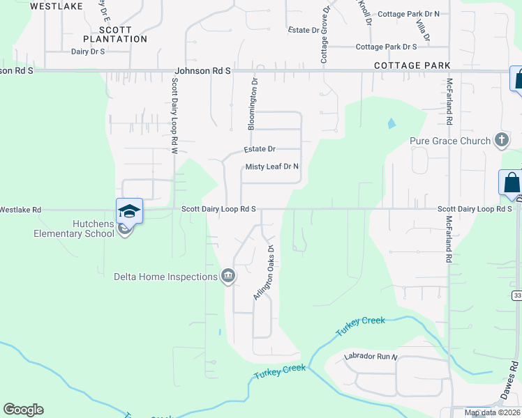 map of restaurants, bars, coffee shops, grocery stores, and more near 9473 Scott Dairy Loop Road South in Mobile