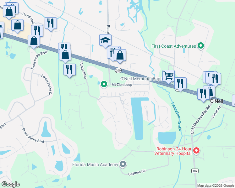 map of restaurants, bars, coffee shops, grocery stores, and more near 96141 Boardwalk Landing in Fernandina Beach