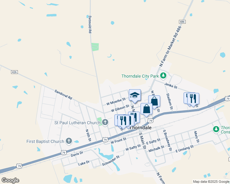 map of restaurants, bars, coffee shops, grocery stores, and more near 202 West Roepke in Thorndale