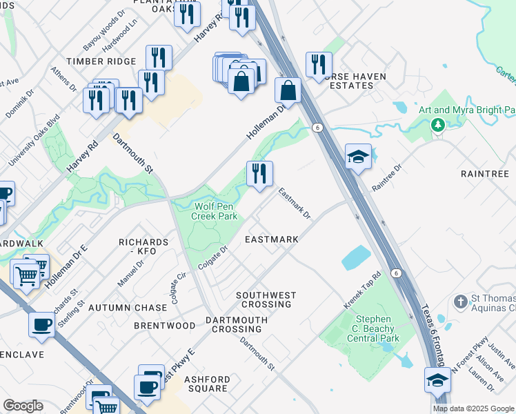 map of restaurants, bars, coffee shops, grocery stores, and more near 2000 Colgate Drive in College Station
