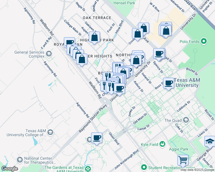 map of restaurants, bars, coffee shops, grocery stores, and more near 303 Boyett Street in College Station