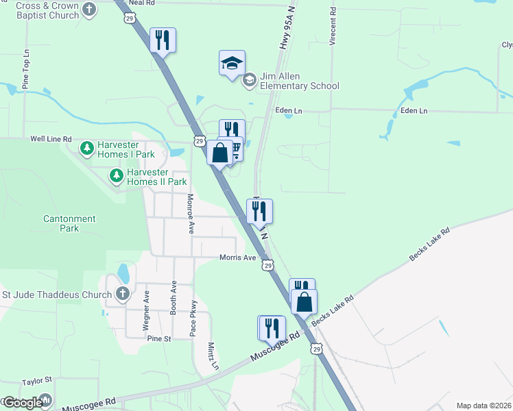 map of restaurants, bars, coffee shops, grocery stores, and more near 710 U.S. 29 in Cantonment