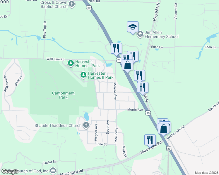 map of restaurants, bars, coffee shops, grocery stores, and more near 604 Booth Avenue in Escambia County