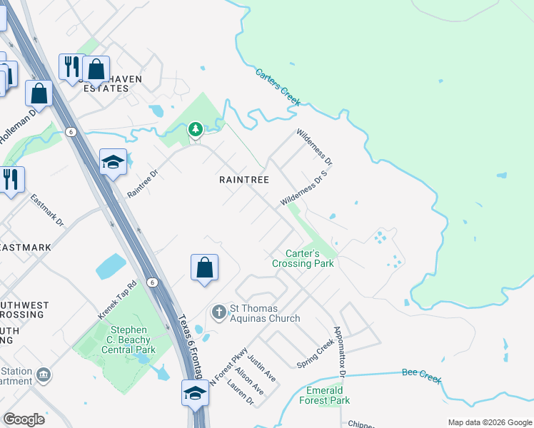 map of restaurants, bars, coffee shops, grocery stores, and more near 2508 Merrimac Court in College Station