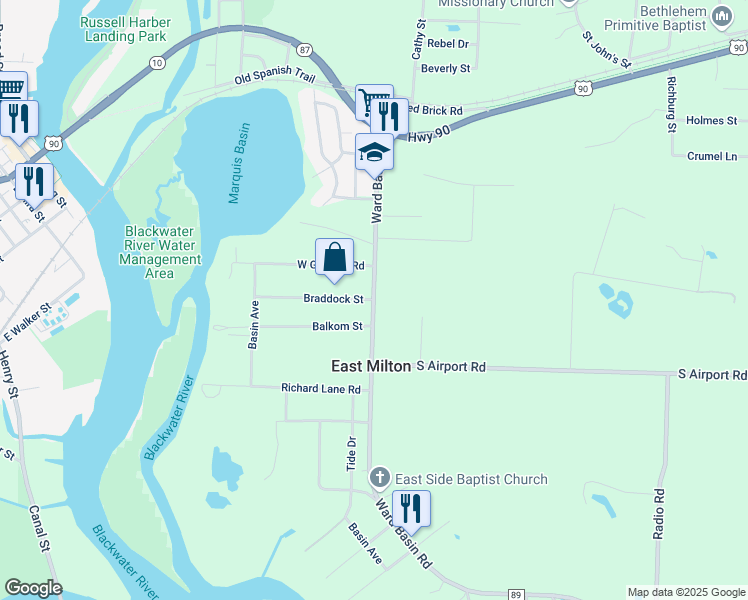 map of restaurants, bars, coffee shops, grocery stores, and more near County Road 89 in Milton