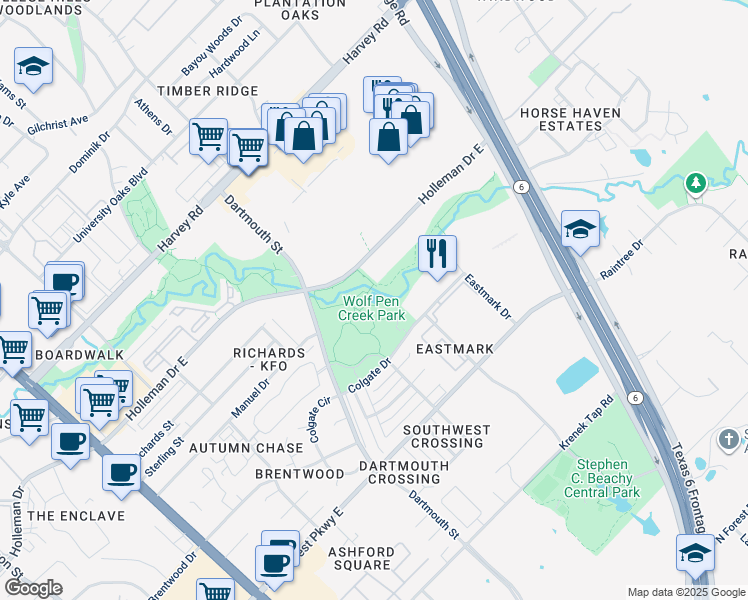 map of restaurants, bars, coffee shops, grocery stores, and more near 1015 Colgate Drive in College Station