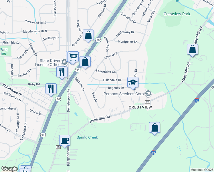 map of restaurants, bars, coffee shops, grocery stores, and more near 1571 Regency Drive in Mobile