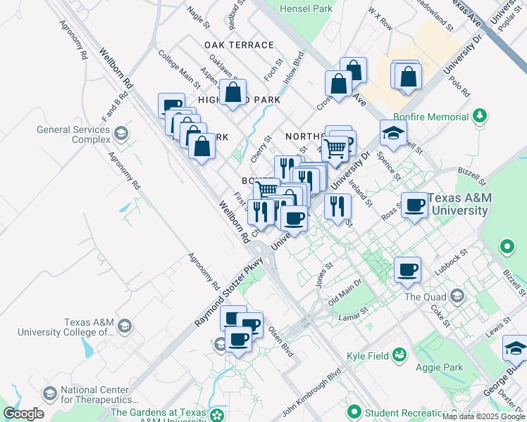 map of restaurants, bars, coffee shops, grocery stores, and more near 303 Boyett Street in College Station