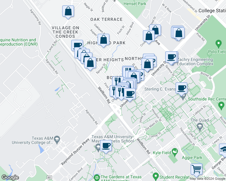 map of restaurants, bars, coffee shops, grocery stores, and more near 315 1st Street in College Station