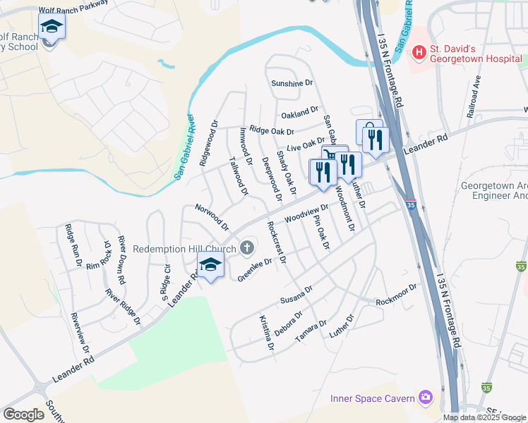 map of restaurants, bars, coffee shops, grocery stores, and more near 101 Tallwood Drive in Georgetown
