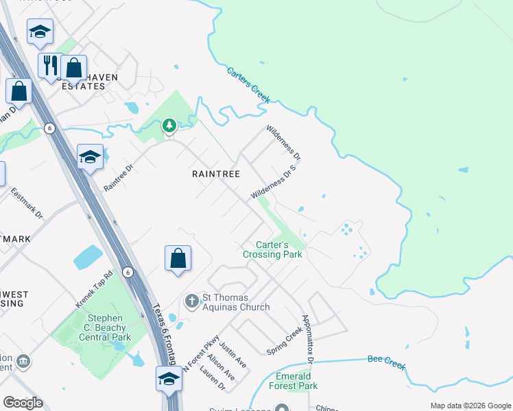 map of restaurants, bars, coffee shops, grocery stores, and more near 8201 Raintree Drive in College Station