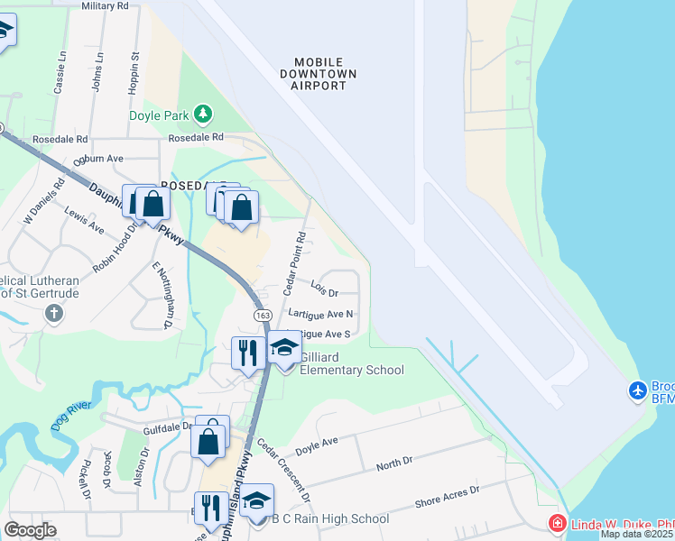 map of restaurants, bars, coffee shops, grocery stores, and more near 1516 Airview Drive in Mobile