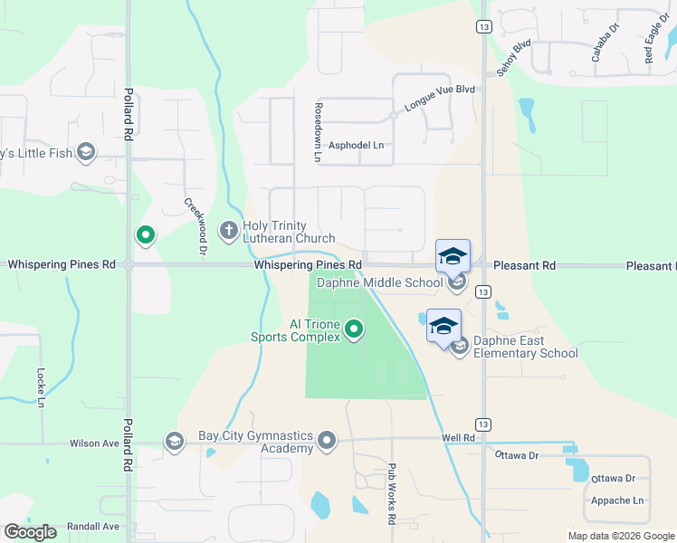map of restaurants, bars, coffee shops, grocery stores, and more near 7266-7766 Whispering Pines Road in Daphne