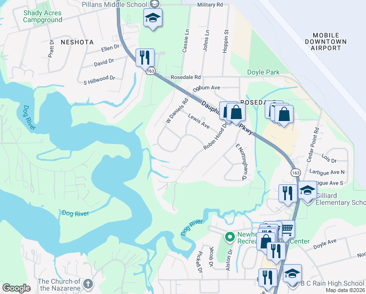map of restaurants, bars, coffee shops, grocery stores, and more near 2559 Daniels Rd S in Mobile