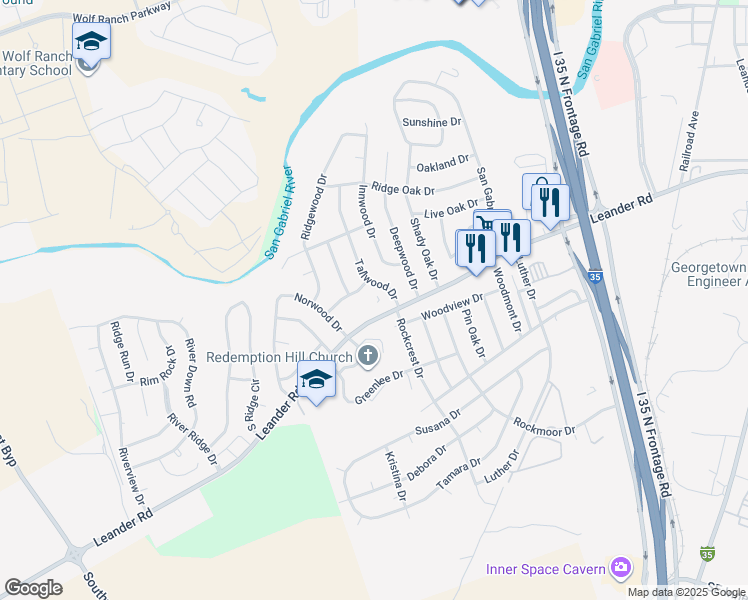 map of restaurants, bars, coffee shops, grocery stores, and more near 1504 Leander Road in Georgetown