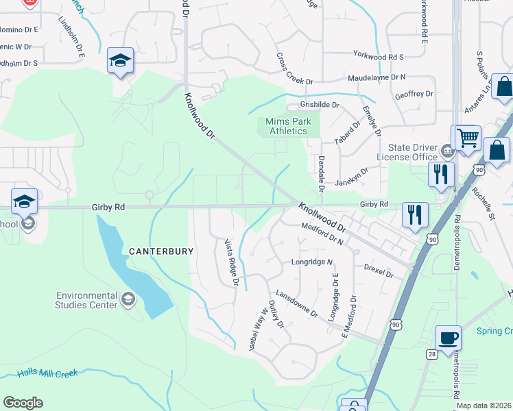map of restaurants, bars, coffee shops, grocery stores, and more near Girby Road in Mobile