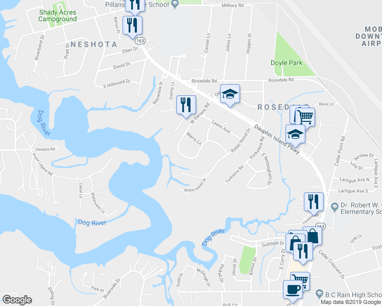 map of restaurants, bars, coffee shops, grocery stores, and more near 2570 South Daniels Road in Mobile