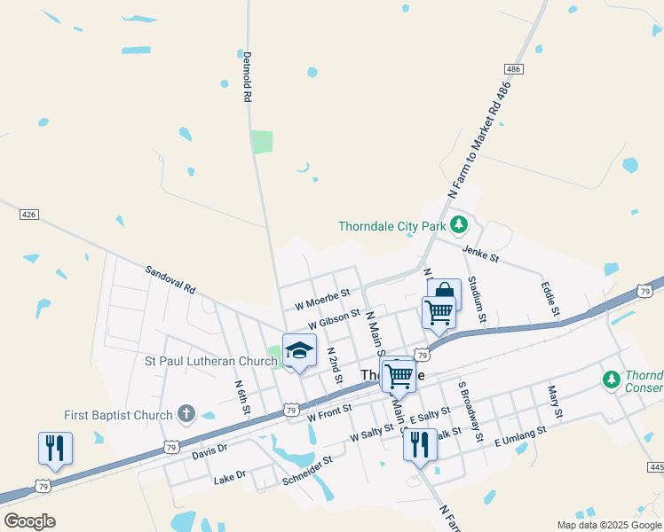 map of restaurants, bars, coffee shops, grocery stores, and more near 202 West Roepke in Thorndale
