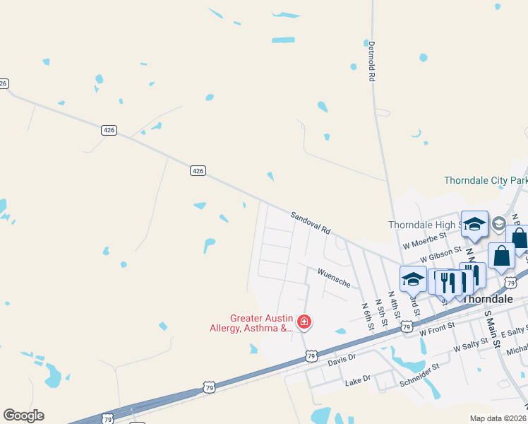 map of restaurants, bars, coffee shops, grocery stores, and more near 1009 Sydney Boulevard in Thorndale