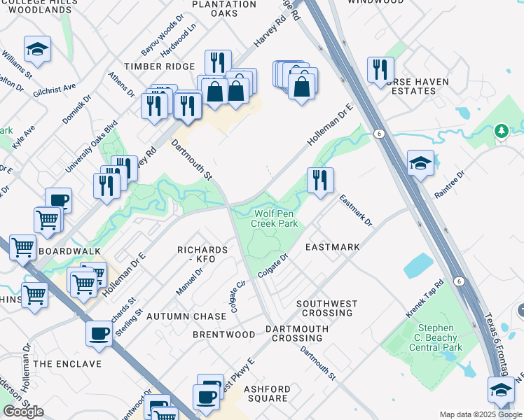 map of restaurants, bars, coffee shops, grocery stores, and more near 1000 Holleman Drive East in College Station