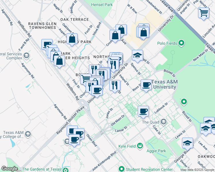 map of restaurants, bars, coffee shops, grocery stores, and more near in College Station