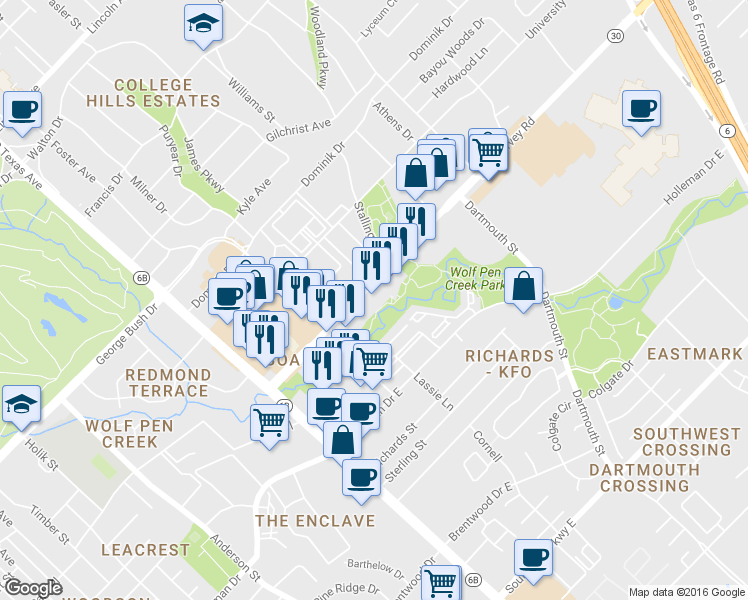 map of restaurants, bars, coffee shops, grocery stores, and more near 504 Harvey Road in College Station