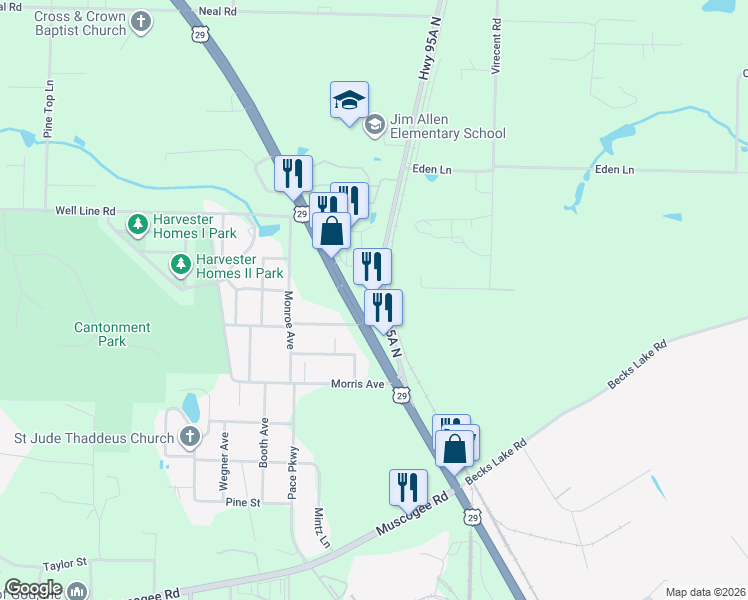 map of restaurants, bars, coffee shops, grocery stores, and more near 710 U.S. 29 in Cantonment