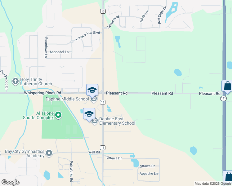 map of restaurants, bars, coffee shops, grocery stores, and more near 9136 Pleasant Road in Daphne