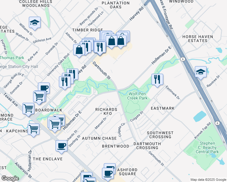 map of restaurants, bars, coffee shops, grocery stores, and more near 614 Holleman Drive East in College Station