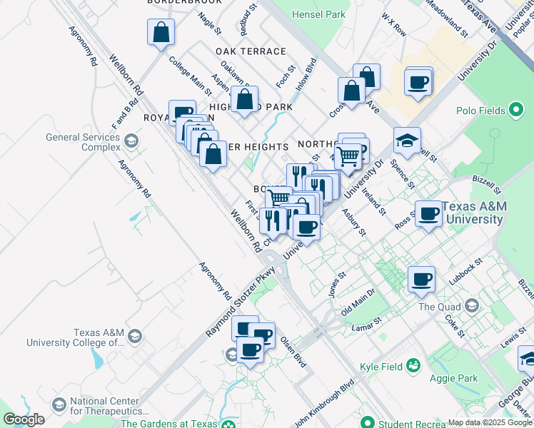 map of restaurants, bars, coffee shops, grocery stores, and more near 315 1st Street in College Station
