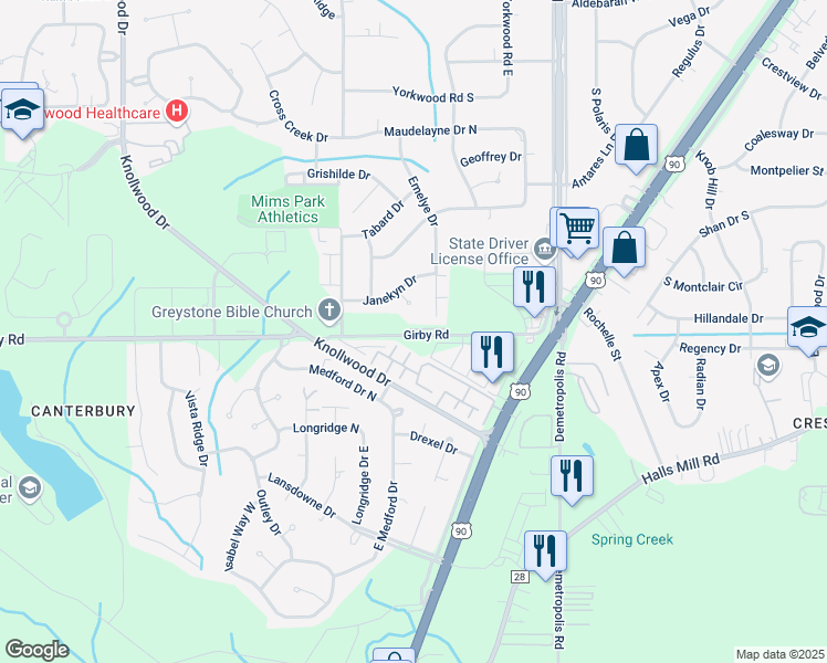 map of restaurants, bars, coffee shops, grocery stores, and more near 5200 Girby Road in Mobile