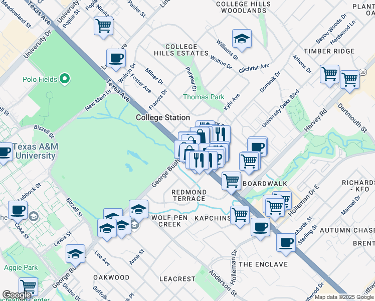 map of restaurants, bars, coffee shops, grocery stores, and more near S Texas Ave & George Bush Dr E in College Station