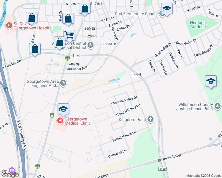 map of restaurants, bars, coffee shops, grocery stores, and more near 301 Valley Drive in Georgetown