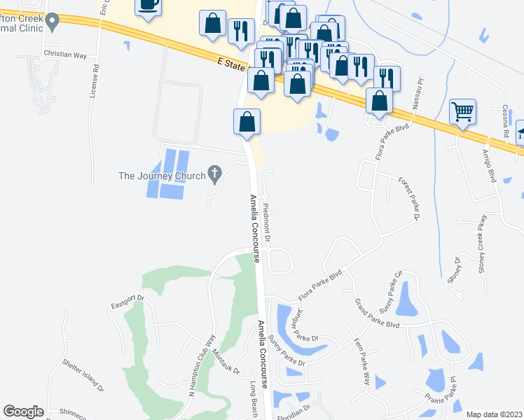 map of restaurants, bars, coffee shops, grocery stores, and more near 96143 Piedmont Drive in Fernandina Beach
