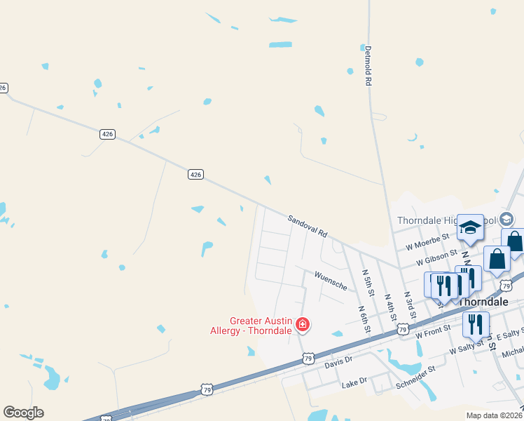 map of restaurants, bars, coffee shops, grocery stores, and more near 1013 Sydney Boulevard in Thorndale