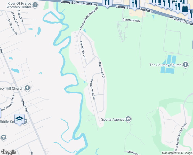 map of restaurants, bars, coffee shops, grocery stores, and more near 86127 Meadowridge Court in Yulee